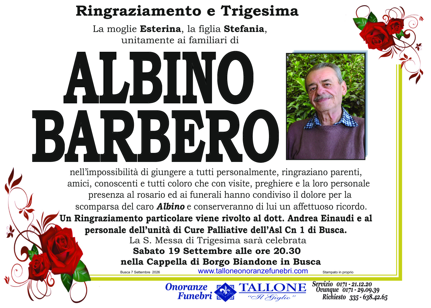 <br />
<b>Warning</b>:  Undefined variable $info in <b>/home/tallone/public_html/ringraziamenti.php</b> on line <b>68</b><br />
Albino Barbero